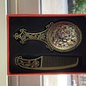 Antique Elegant Floral Hand Mirror and Comb Set